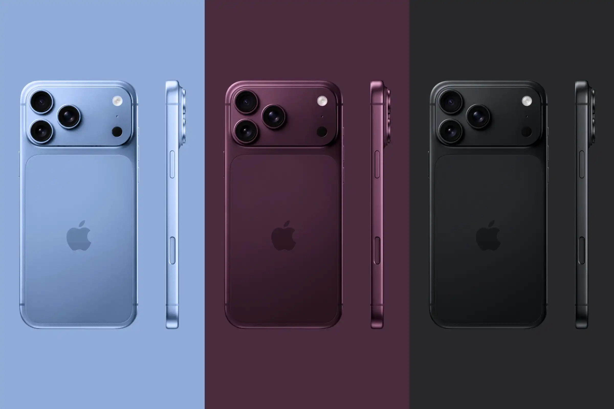 iPhone Pro concepts shown in blue, burgundy, and black.