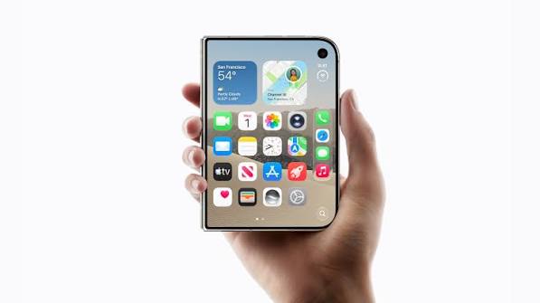 Hand holding an iPhone Duo with apps displayed.