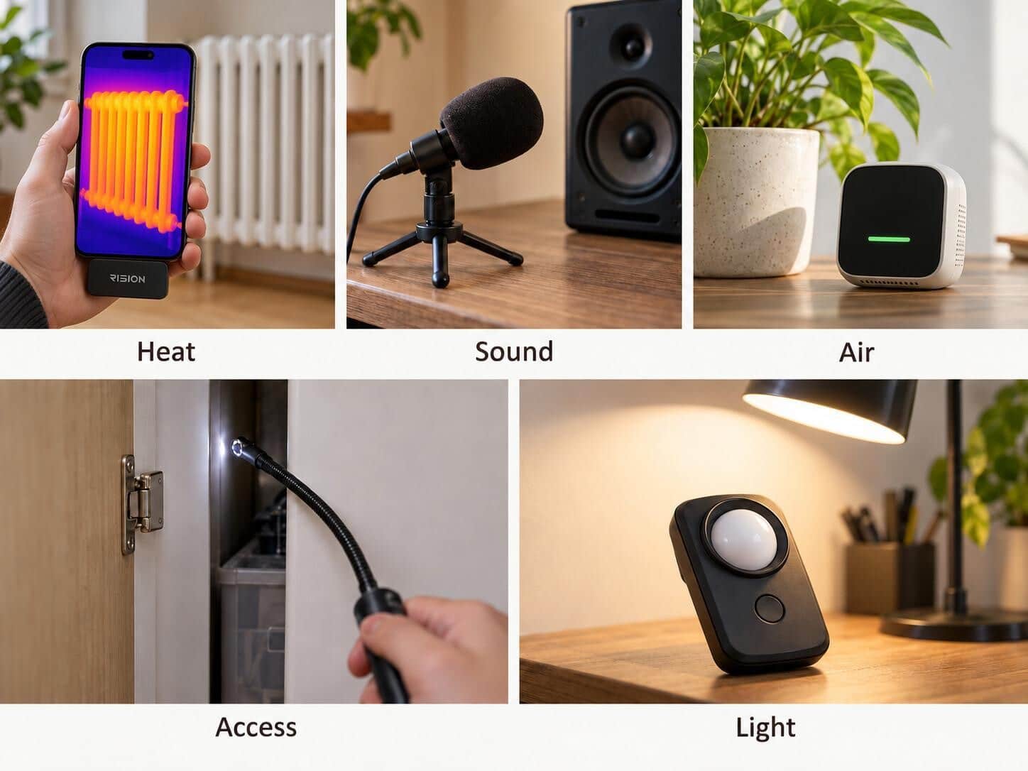 RISION phone thermal camera and four other sensor categories: sound, air, inspection access, and light.