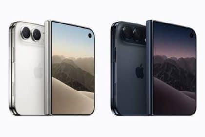 Foldable iPhone Duo shown in white and blue.