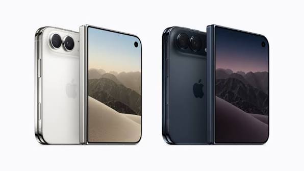Foldable iPhone Duo shown in white and blue.