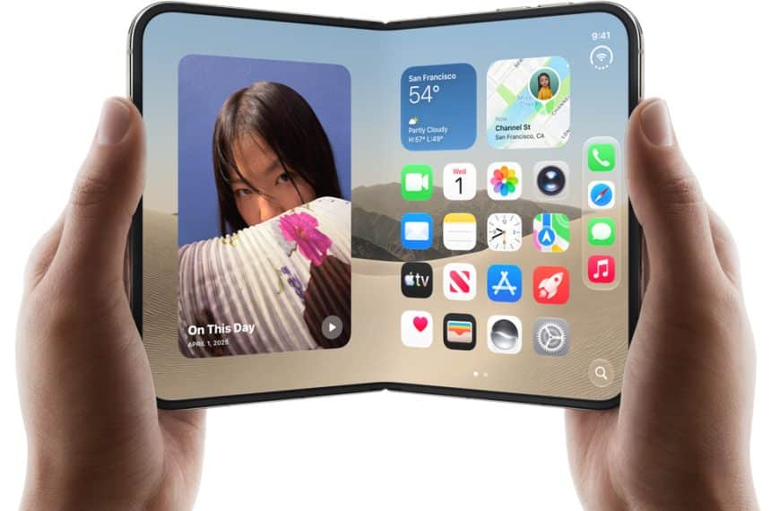 Foldable iPhone Duo held open with apps displayed.