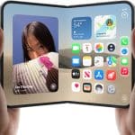 Foldable iPhone Duo held open with apps displayed.