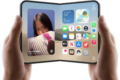 Foldable iPhone Duo held open with apps displayed.