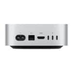 Rear view of a silver Mac mini showing its power, Ethernet, HDMI and Thunderbolt ports.