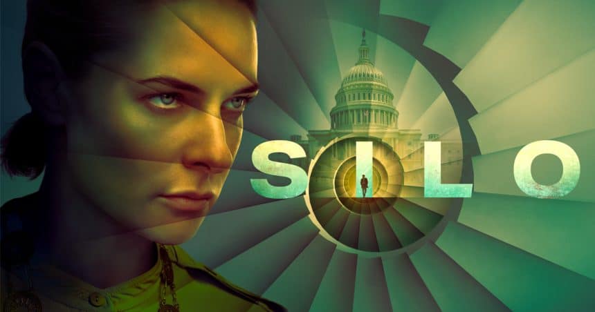 Silo series artwork with a woman and underground spiral design.