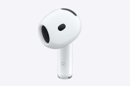 Close-up of a white AirPods 5 earbud.