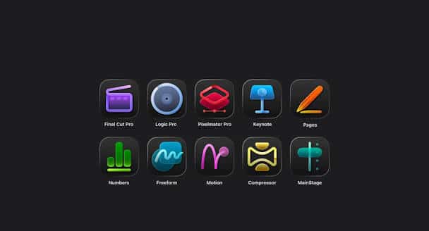 Apple Creator Studio app icons on a dark background.