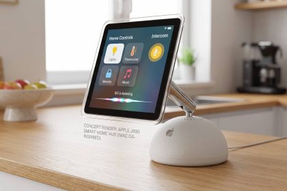 Apple Home Hub concept displaying smart home controls and Siri.