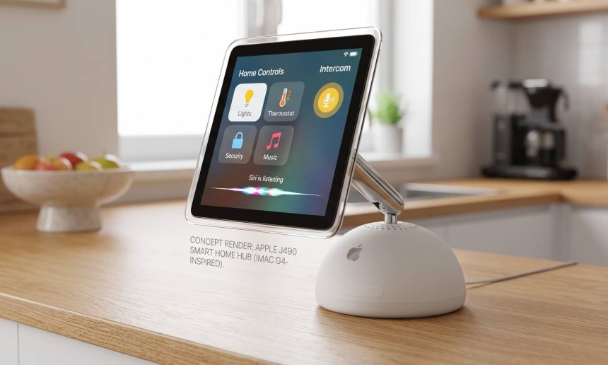 Apple Home Hub concept displaying smart home controls and Siri.