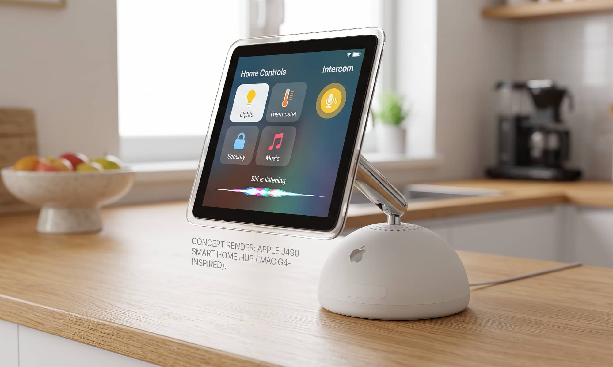 Apple Home Hub concept displaying smart home controls and Siri.