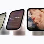 Three Apple HomeView smart displays showing music, lyrics, and album artwork.