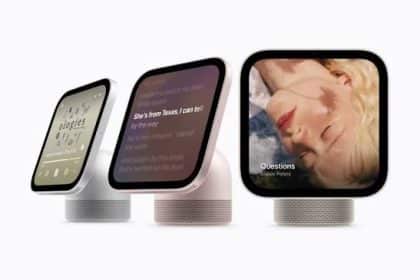Three Apple HomeView smart displays showing music, lyrics, and album artwork.