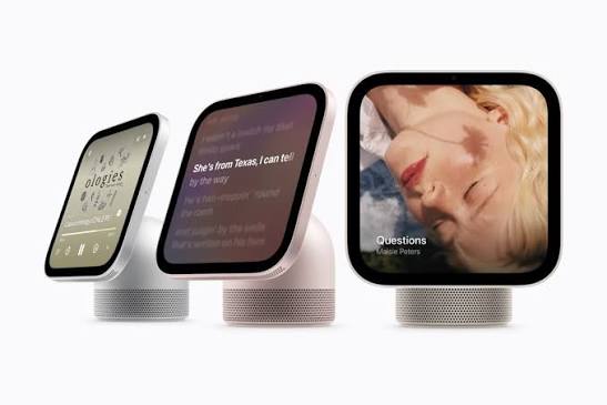 Three Apple HomeView smart displays showing music, lyrics, and album artwork.