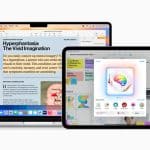 Apple Intelligence features displayed across a MacBook, iPad, and iPhone.