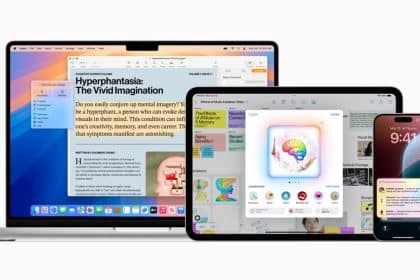 Apple Intelligence features displayed across a MacBook, iPad, and iPhone.