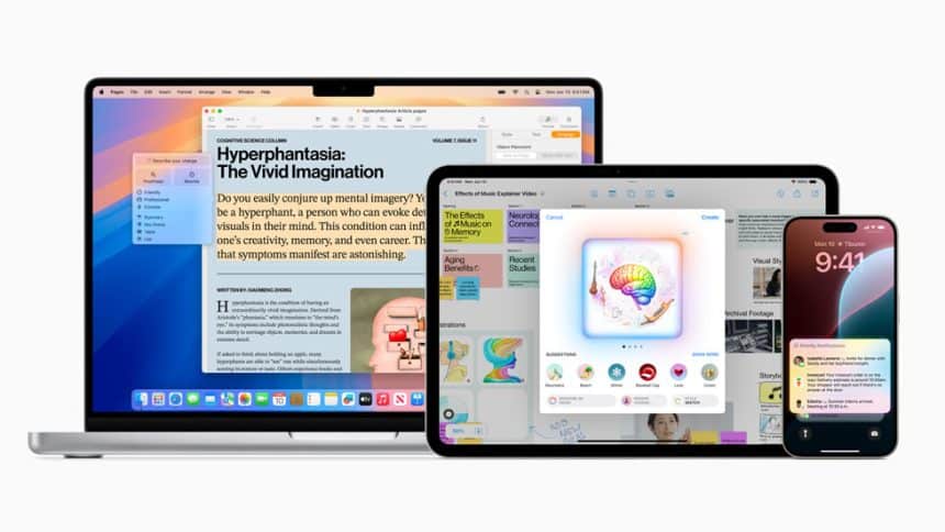 Apple Intelligence features displayed across a MacBook, iPad, and iPhone.