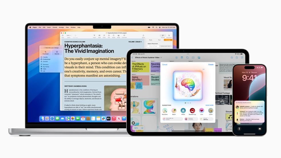 Apple Intelligence features displayed across a MacBook, iPad, and iPhone.