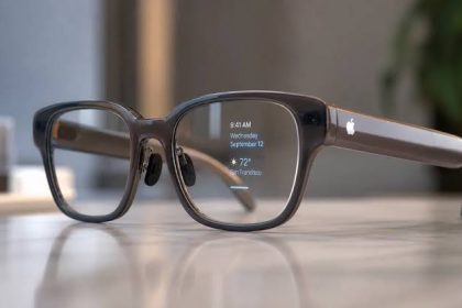 Apple smart glasses with a digital display.
