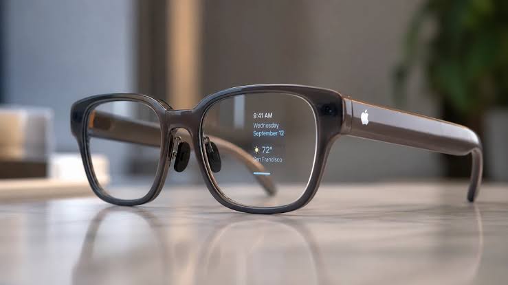 Apple smart glasses with a digital display.