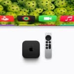 Apple TV 4K streaming device with Siri Remote and app icons on a TV screen.