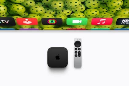 Apple TV 4K streaming device with Siri Remote and app icons on a TV screen.