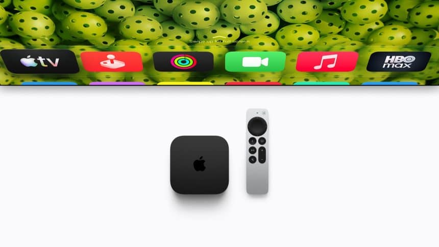Apple TV 4K streaming device with Siri Remote and app icons on a TV screen.