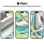 Apple Maps displays immersive 3D views of the F1 Miami Grand Prix circuit on three iPhones.