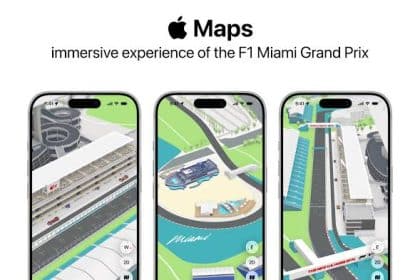 Apple Maps displays immersive 3D views of the F1 Miami Grand Prix circuit on three iPhones.