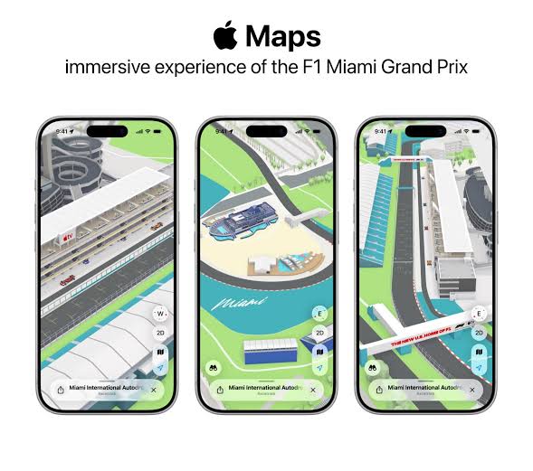 Apple Maps displays immersive 3D views of the F1 Miami Grand Prix circuit on three iPhones.