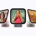 Five Apple HomeView smart displays showing video calls, photos, music, and home controls.