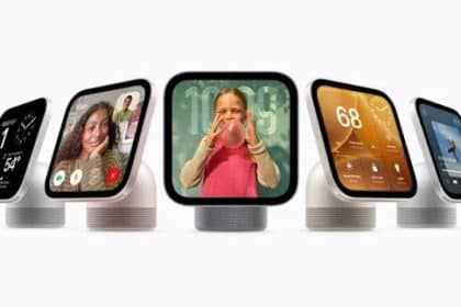 Five Apple HomeView smart displays showing video calls, photos, music, and home controls.