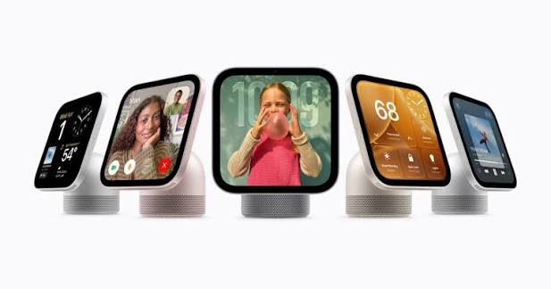 Five Apple HomeView smart displays showing video calls, photos, music, and home controls.