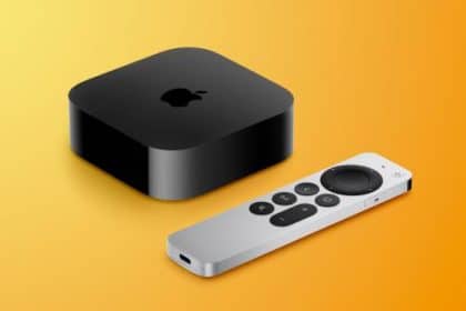 Black Apple TV 4K streaming device with a silver Siri Remote on a yellow background.