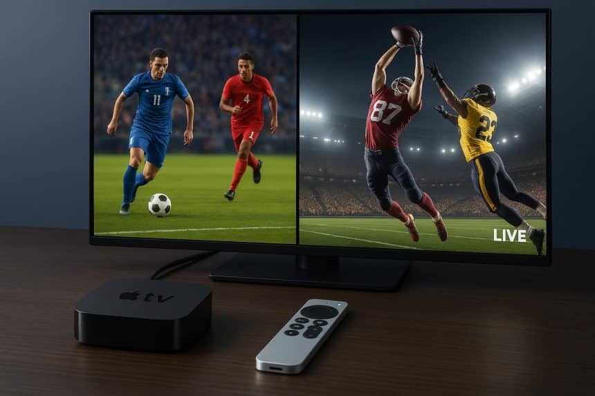 Apple TV streaming high definition live sports and entertainment in a modern living room setup