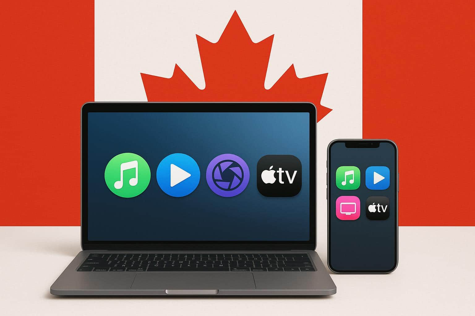 macOS and Apple devices displaying media application settings for users in Canada