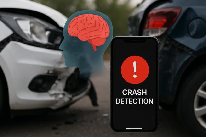Smartphone displaying crash-detection alert after car accident, highlighting brain injury risk