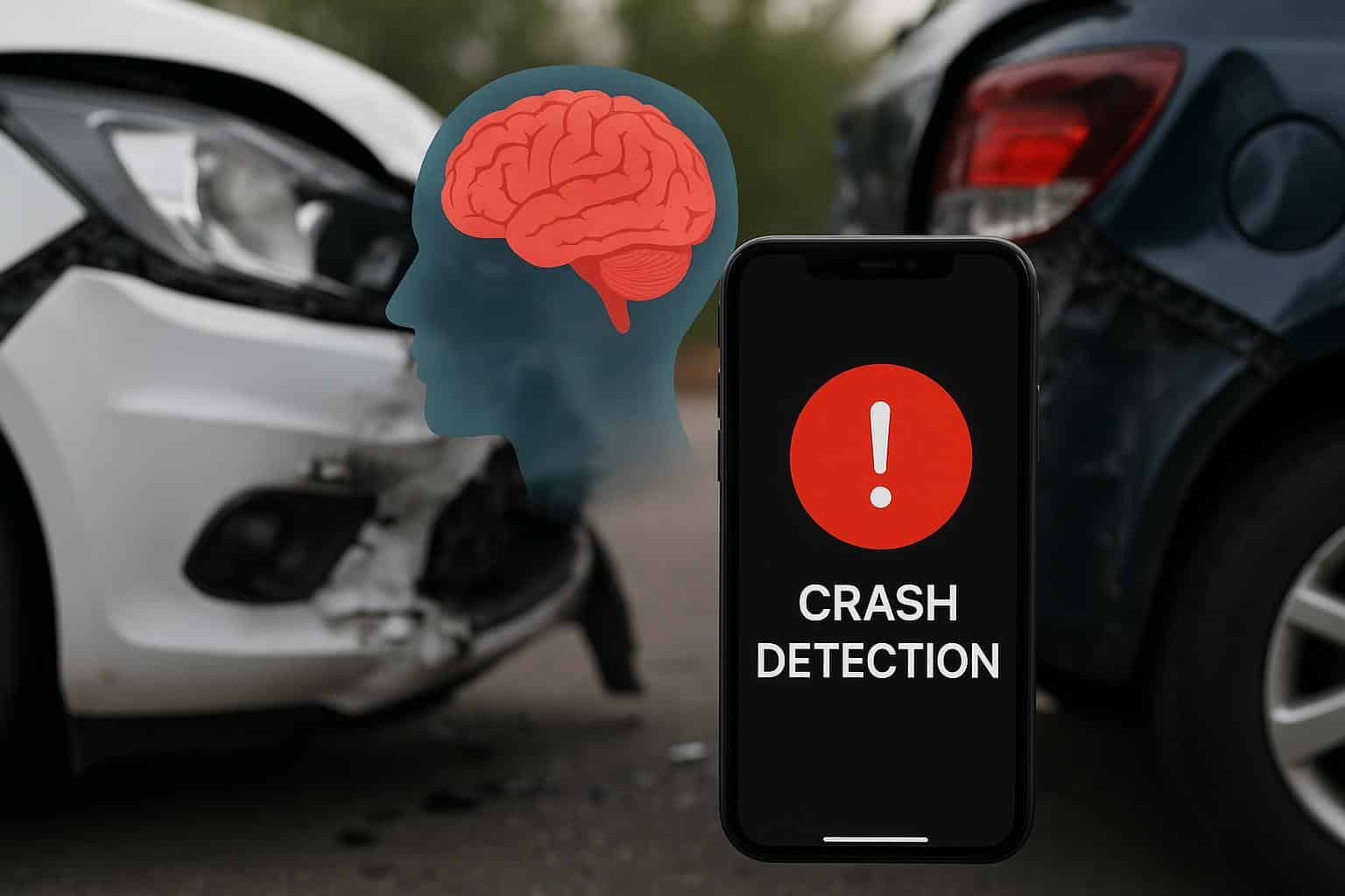 Smartphone displaying crash-detection alert after car accident, highlighting brain injury risk