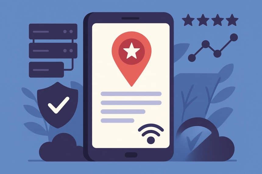 Illustration of mobile proxies in the USA with smartphones, map, and network signals