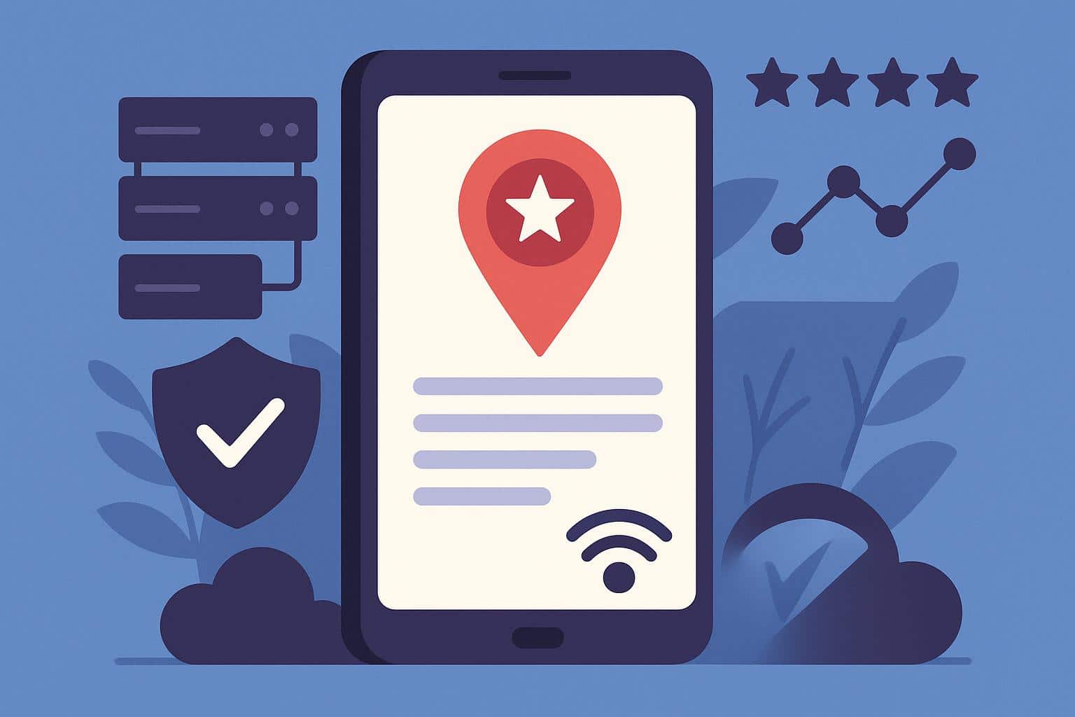 Illustration of mobile proxies in the USA with smartphones, map, and network signals