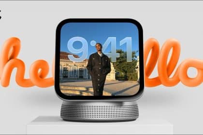 Apple HomeView smart display with a speaker base and touchscreen showing the time.