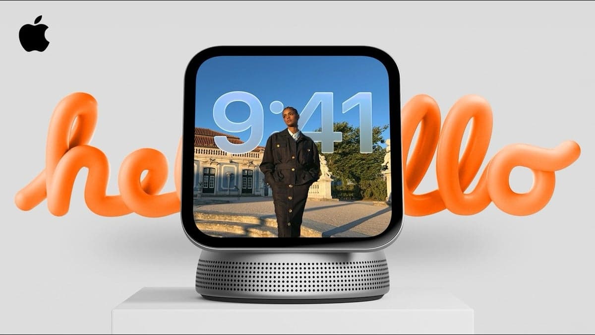 Apple HomeView smart display with a speaker base and touchscreen showing the time.