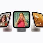Five Apple HomeView smart displays showing video calls, photos, and home controls.
