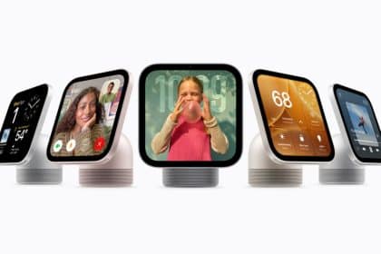 Five Apple HomeView smart displays showing video calls, photos, and home controls.