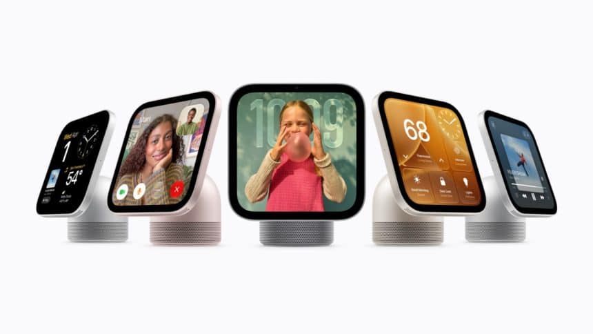 Five Apple HomeView smart displays showing video calls, photos, and home controls.