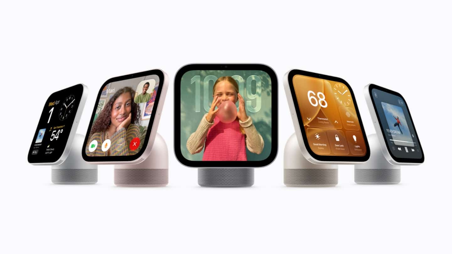 Five Apple HomeView smart displays showing video calls, photos, and home controls.