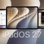 Three iPads displaying iPadOS 27 features against an Apple-themed background.