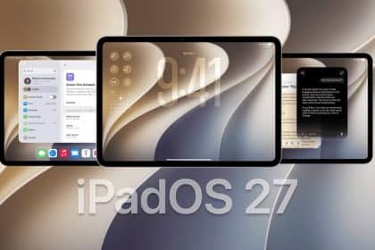 Three iPads displaying iPadOS 27 features against an Apple-themed background.