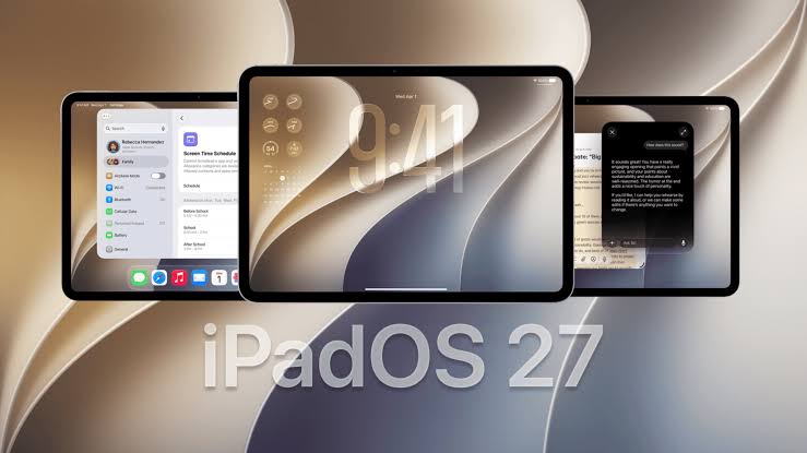 Three iPads displaying iPadOS 27 features against an Apple-themed background.