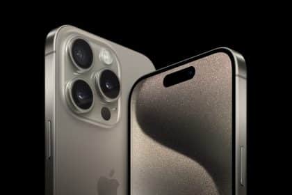 Front and rear views of a titanium iPhone Pro, highlighting its triple-camera system and display.